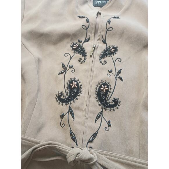 Women Size 12 Faux Suede Open Front Jacket Embroidered Western Boho Paisley Belt - Picture 2 of 5